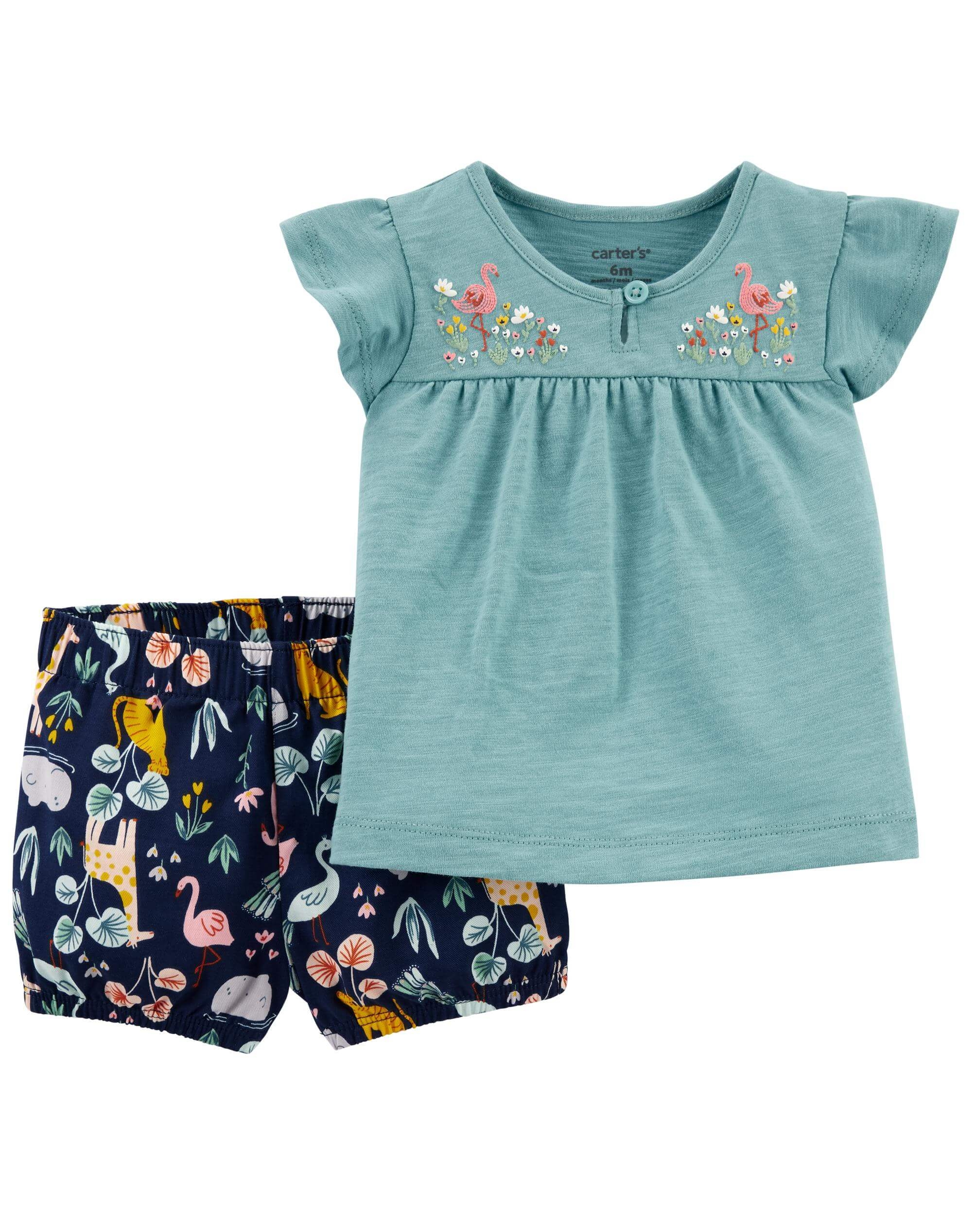 Set Pantaloni Si Bluza 10 Carter's Set 2 piese tricou si pantaloni scurti Flamingo