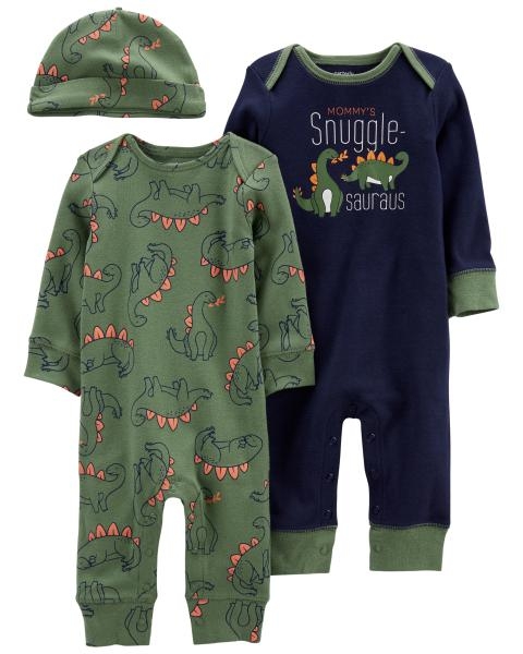 Carter\'s Set 3 piese 2 pijamale bebelus si caciulita Dinozauri