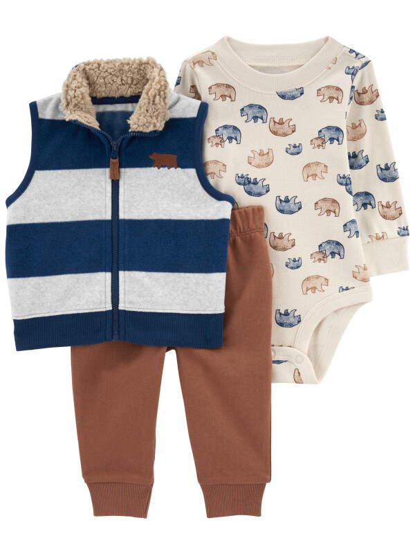 Set 3 piese pantaloni, body si vesta dungi albastre