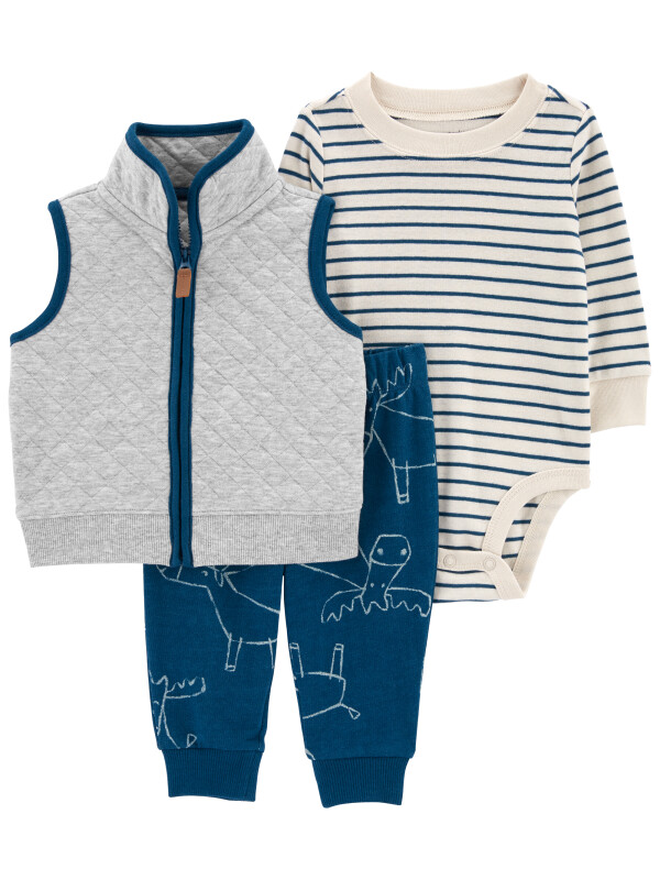 Set 3 piese pantaloni, body si vesta albastru