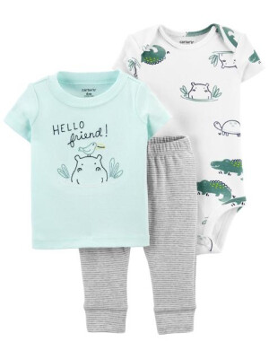 Carter's Set 3 piese body tricou si pantaloni scurti Hipopotam