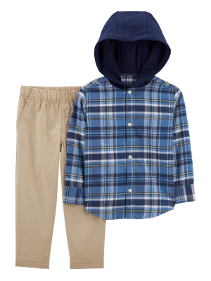 Set 2 piese pantaloni bej si camasa carouri albastra
