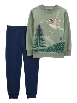 Set 2 piese pantaloni albastri si hanorac verde
