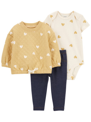 Set 3 piese pantaloni, body si hanorac cu inimioare
