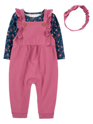 Set 3 piese salopeta, bluza si bentita roz