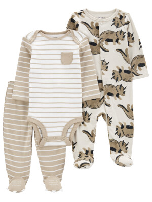 Set 3 piese pantaloni, body si pijama dinozauri