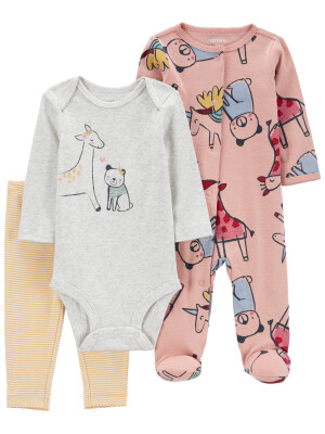Set 3 piese pantaloni, body si pijama roz cu animalute
