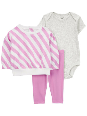 Set 3 piese bluza, body si pantaloni alb roz