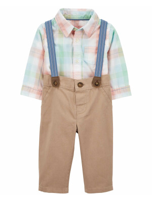 Set 2 piese camasa si pantaloni maro cu bretele