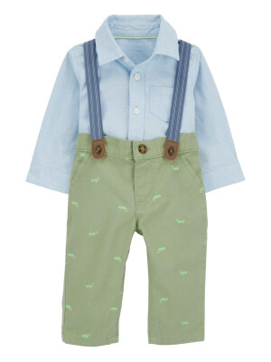 Set 2 piese camasa si pantaloni verzi cu bretele