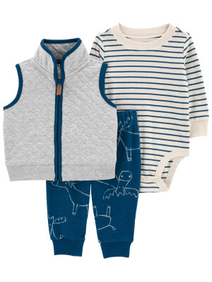 Set 3 piese pantaloni, body si vesta albastru