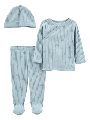 Set 3 piese bebe pantaloni top si caciulita cu dungi