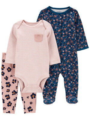 Set 3 piese pantaloni, body si pijama floricele