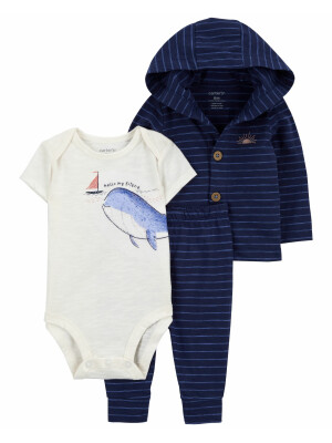 Set 3 piese bluza cu gluga, body si pantaloni albastru dungi