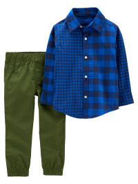 Set 2 piese pantaloni verzi si camasa carouri albastra