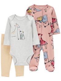 Set 3 piese pantaloni, body si pijama roz cu animalute