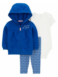 Set 3 piese bluza cu gluga, body si pantaloni albastru
